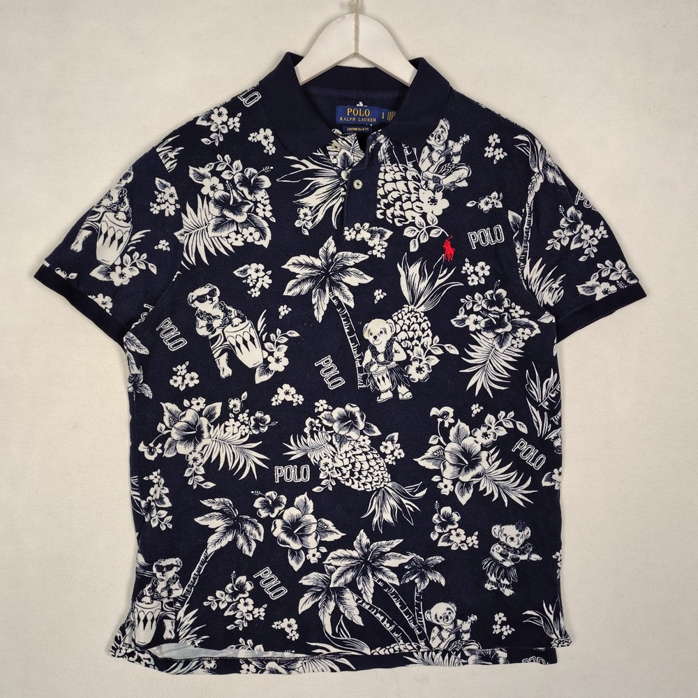 Polo Ralph Lauren Tropical Bear Print Polo Shirt Navy Blue Custom Slim Fit L